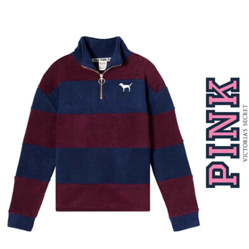 PINK Victoria’s Secret Maroon & Navy Striped 1/4 Zip Polar Fleece Pullover-6031